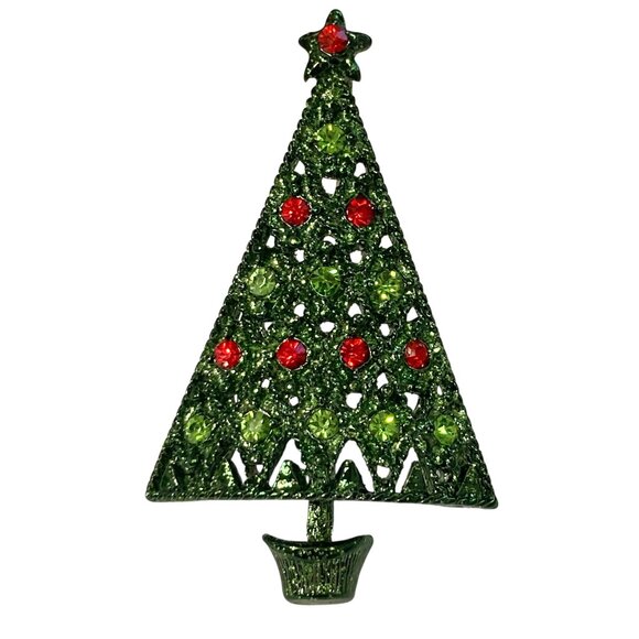 Vintage Crystal Christmas Tree Pin Brooch Star Red Green Enamel Crystals - Picture 1 of 11